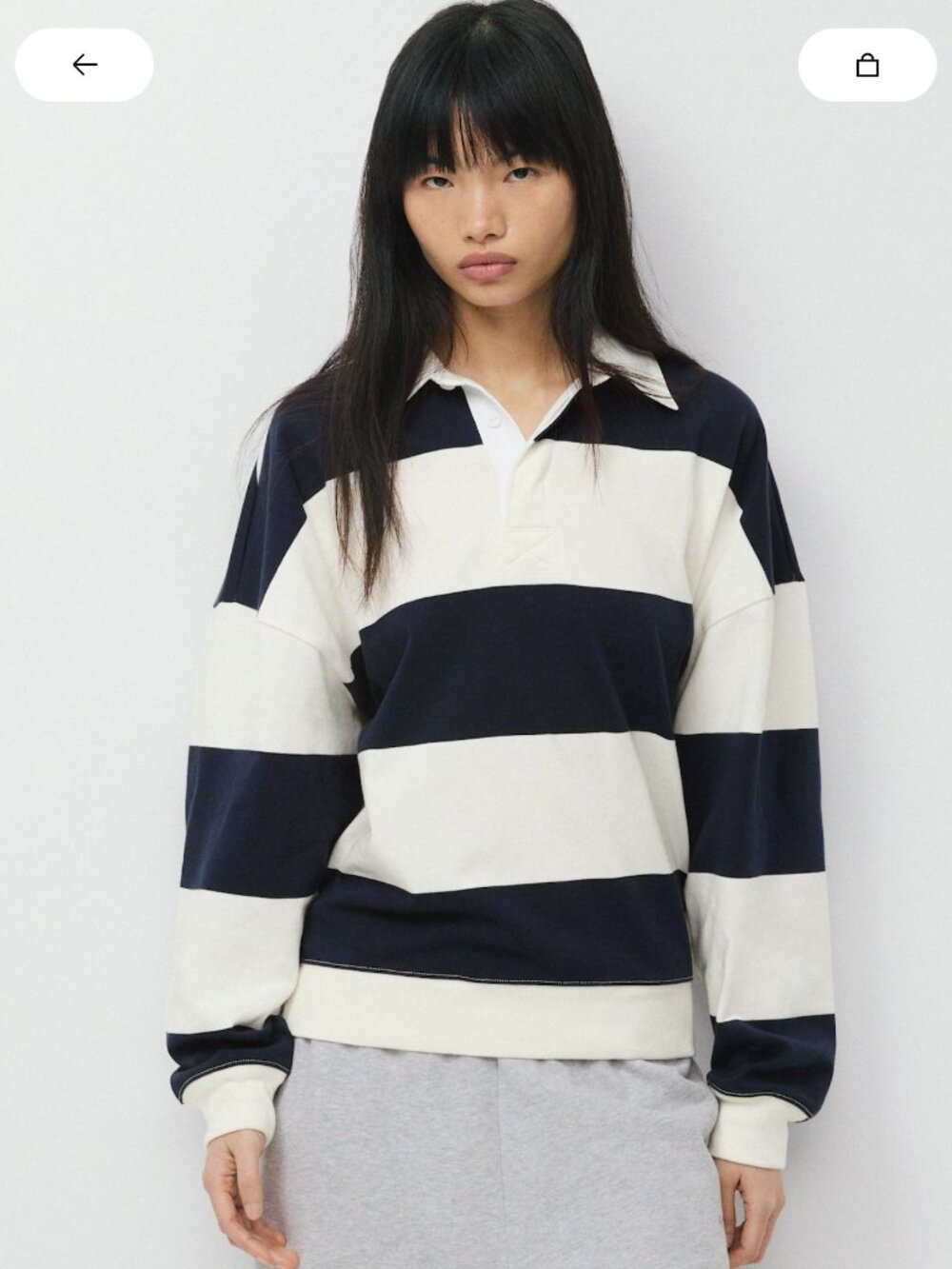 TNA (Aritzia) Mighty Cotton™ Lomu Polo — Navy/White Stripe, Medium